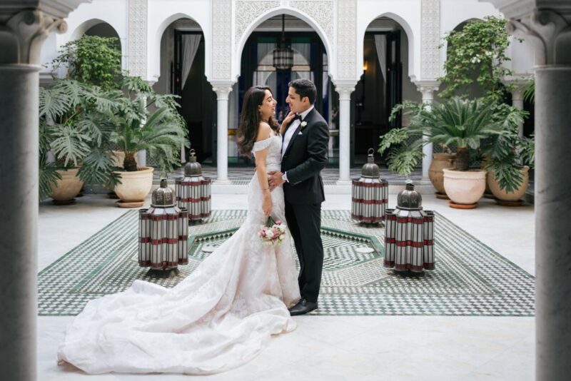 Traditional Moroccan courtyard at La Mamounia – sunny winter wedding venue