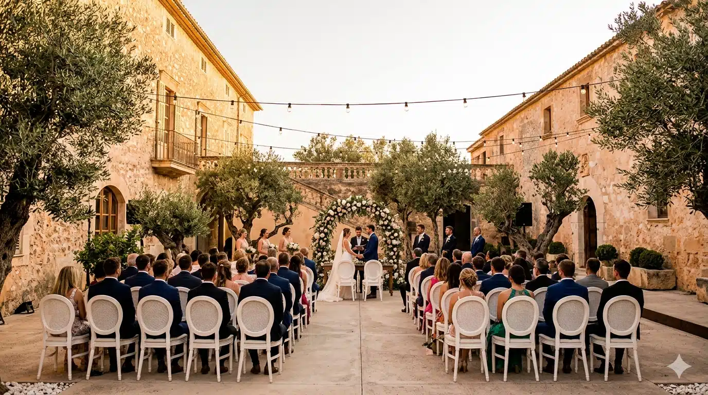 Finca Son Mir courtyard wedding ceremony Mallorca with golden stone finca buildings and olive trees