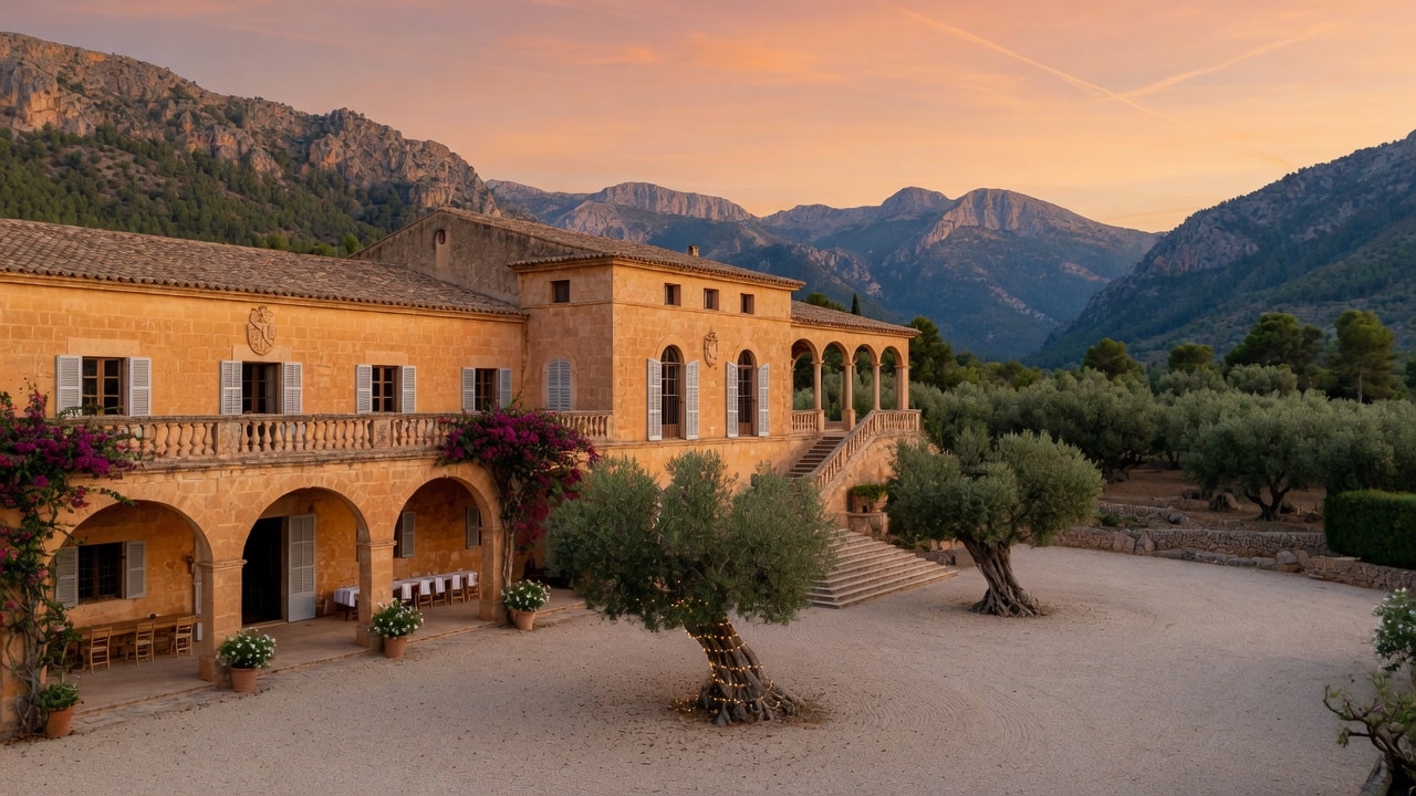 Son Termes Mallorcan sandstone finca wedding estate with olive courtyard and Tramuntana mountains